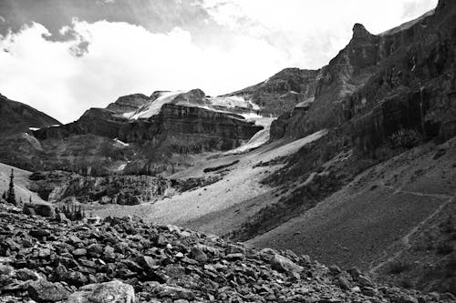 Grayscale Photo of Rocky Mountain