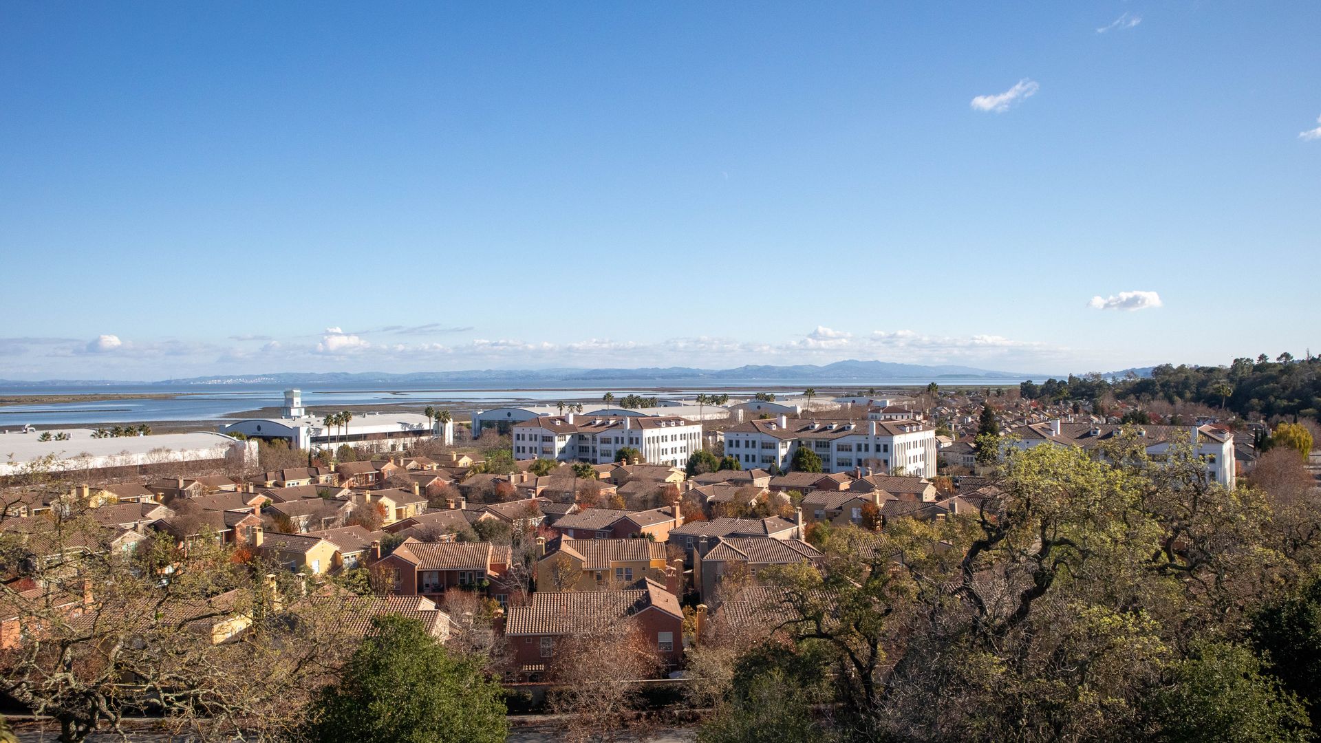 Aerial view of suburban houses with tiled roofs under a clear blue sky.