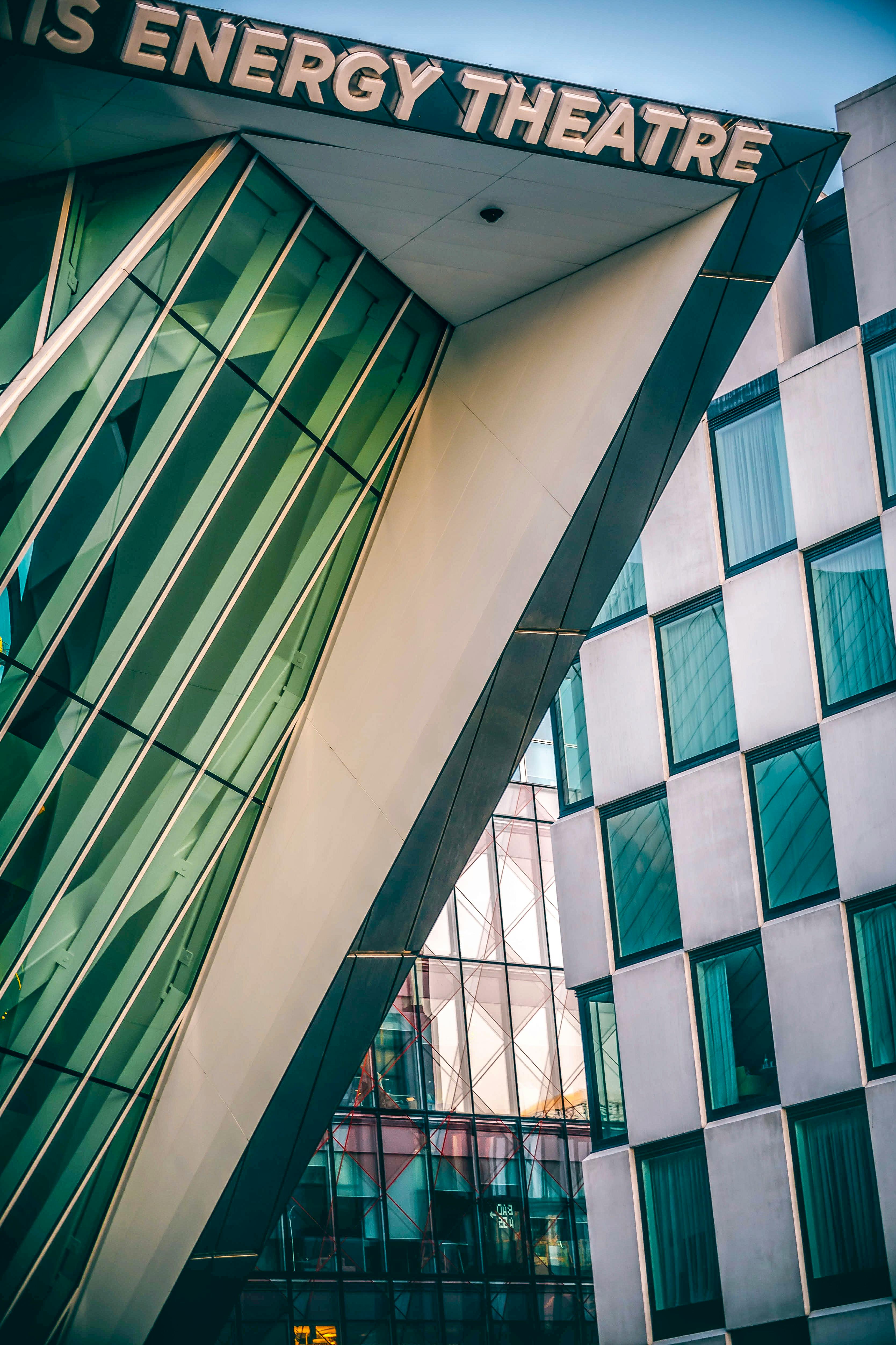 Free Contemporary facade of the Bord Gáis Energy Theatre with glass and steel elements in Dublin, Ireland. Stock Photo