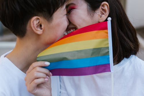 Foto stok gratis bendera pelangi, berciuman, bersandar