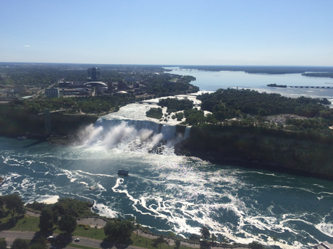 A stunning aerial view of Niagara Falls with clear skies and vibrant waters.