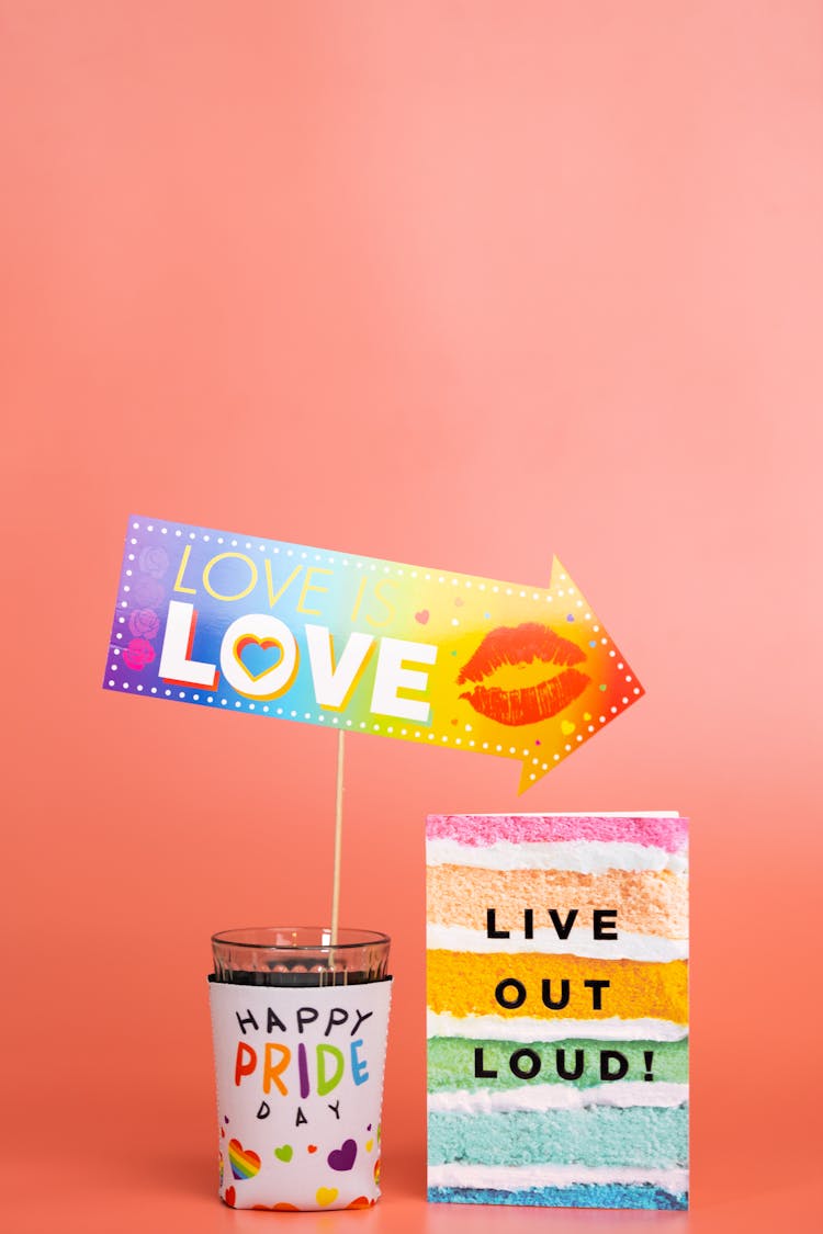 Rainbow LGBT Slogans And Colours On Labels And Coffee Cup