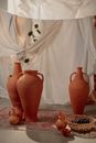 Jugs and Wicker Basket with Grapes on Carpet