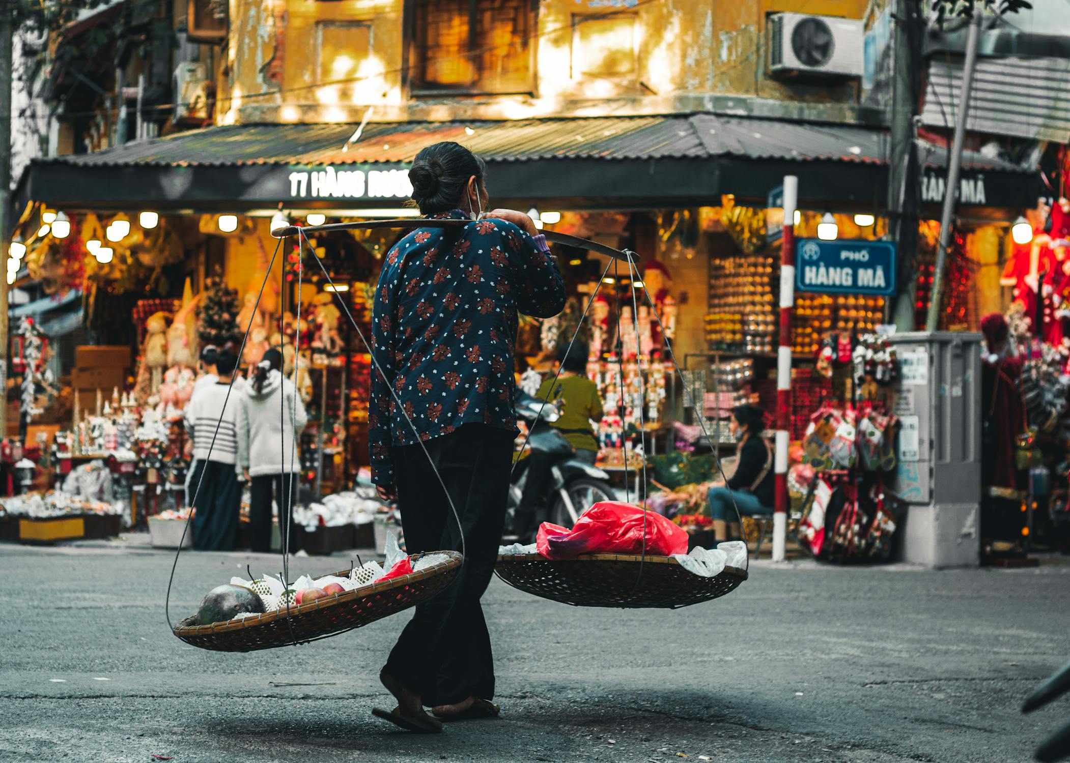 A woman walking with food