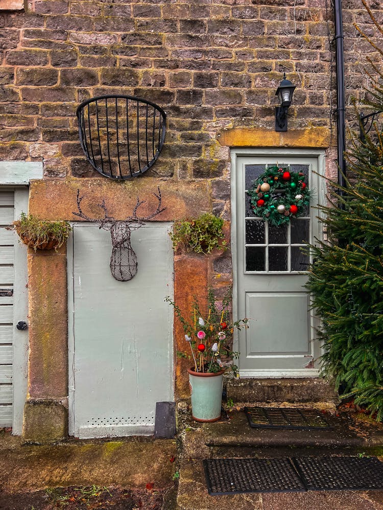 Christmas Wreath Hanging On A Door