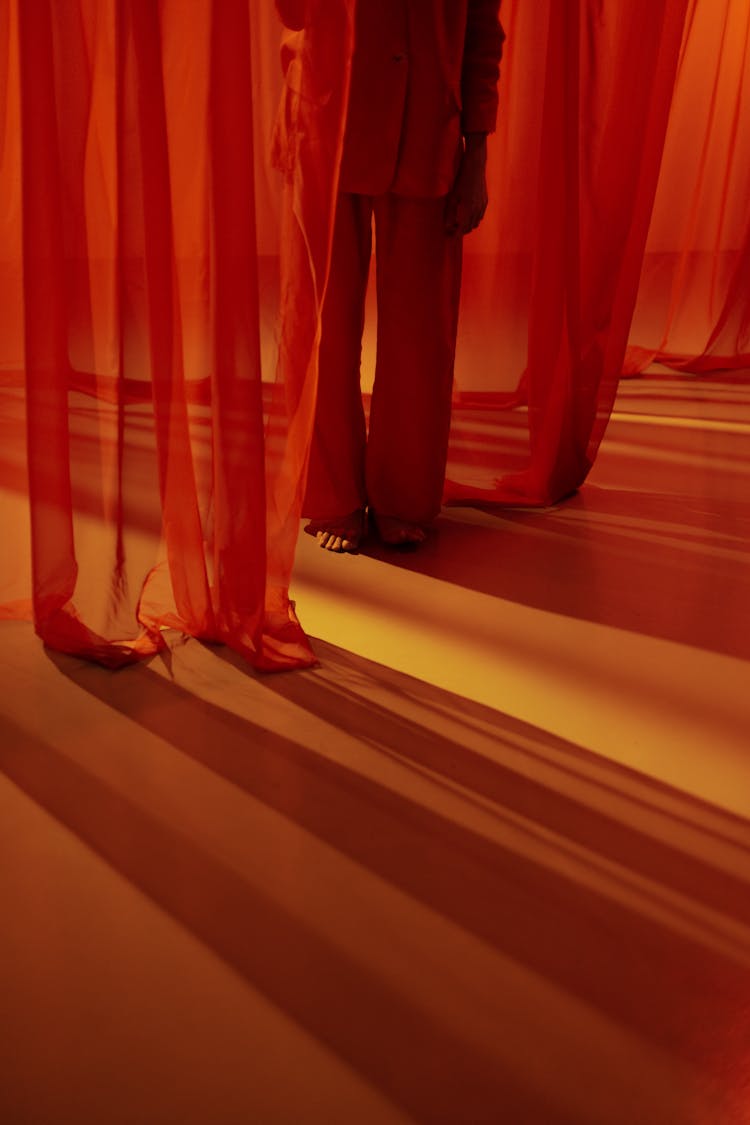 Man Among Red Curtains