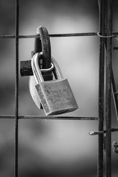 A detailed black-and-white close-up of a love lock attached to a metal fence.