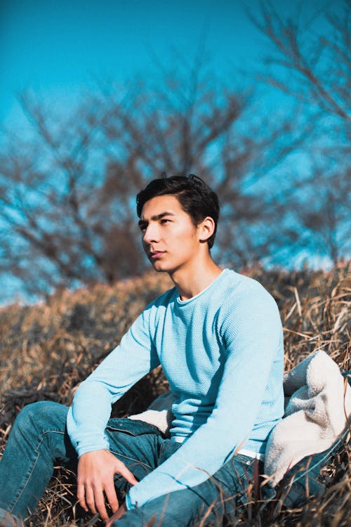 Kostenloses Stock Foto zu asiatischer mann, blauer pullover, braune gras