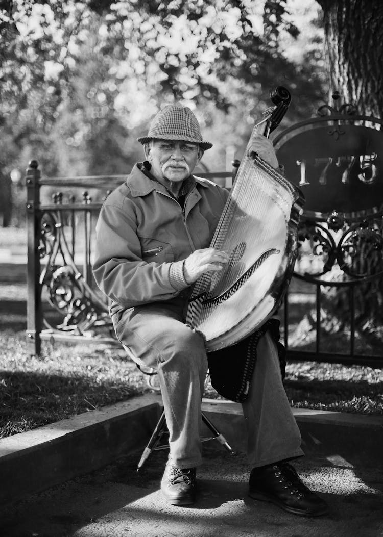 Man Sitting And Playing Harp