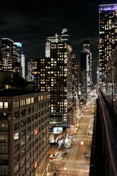 A breathtaking aerial view of New York City's illuminated skyline featuring skyscrapers and bustling streets.