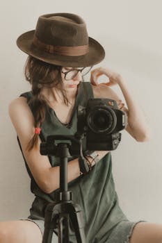 A young woman in casual attire poses with a camera on a tripod indoors, showcasing a modern lifestyle theme.