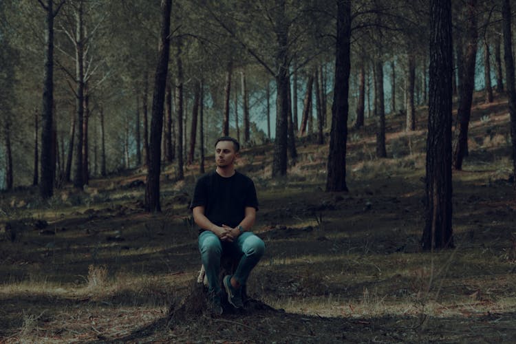 Man Sitting In Forest