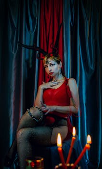 Captivating studio portrait of an adult woman in a devil costume, featuring horned headpiece and vibrant red attire, surrounded by candles.