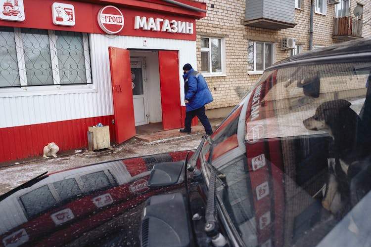 Dog In Car And Man Walking Into Store