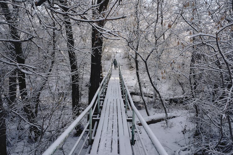 A Person Walking On A Snow Covered Bridge