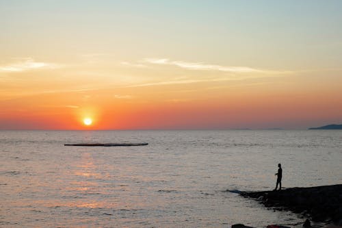 Silhouette of Person Fishing on Coast during Sunset