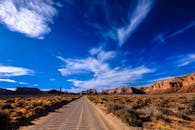 一条风景优美的沙漠公路，在广阔的蓝天下，云层密布，四周环绕着干旱的景观和岩石