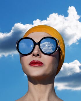 Close-up of a woman with sunglasses reflecting clouds and wearing a yellow headscarf under a blue sky.