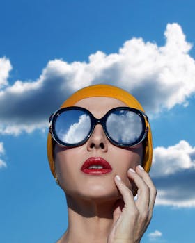 Portrait of a fashionable woman in sunglasses reflecting sky, bold style.