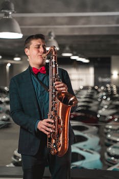 A musician plays the saxophone in an urban garage, blending classical jazz vibes with contemporary style.
