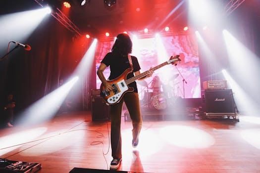 Energetic rock concert featuring a bassist onstage with vibrant stage lights.
