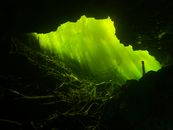 Underwater Photography of Cave with Tree Roots and Rays of Light