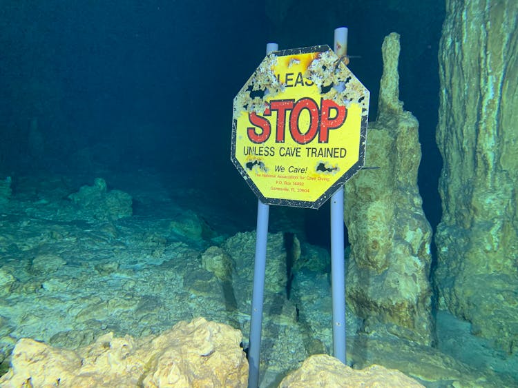 Stop Sign In Underwater Cave