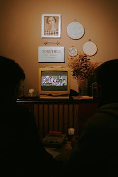 Retro gaming setup with two people playing a video game on a vintage TV in a cozy living room.