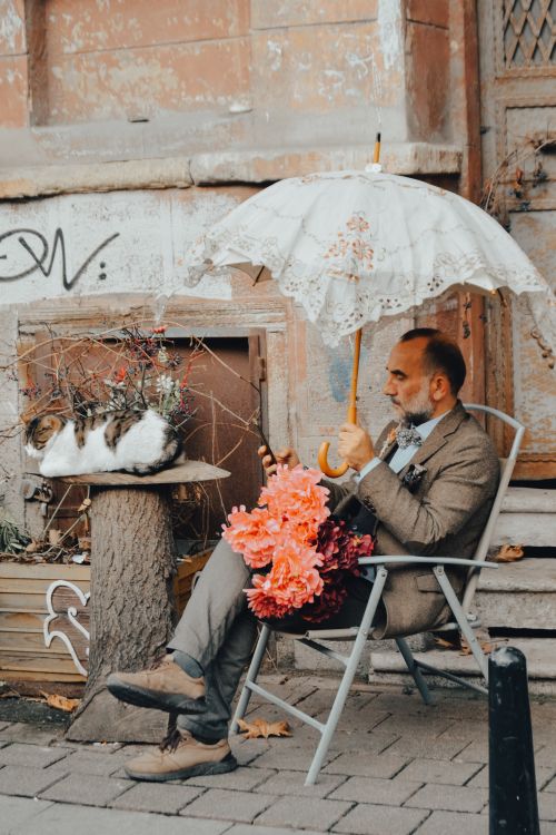 Free A man in a gray suit sits outdoors with an umbrella and flowers, next to a cat. Stock Photo