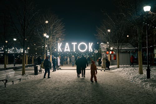 People in the Park at Night During Winter