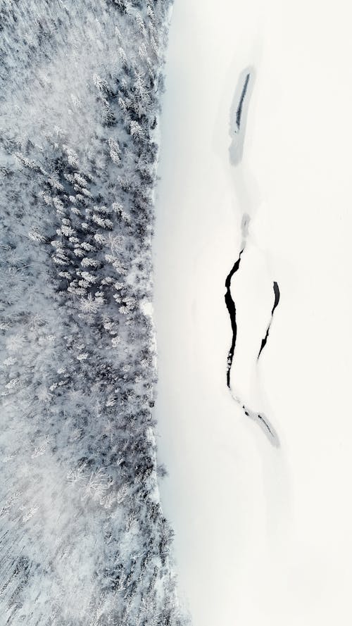 Aerial View of Frozen River Running Through Taiga in Winter