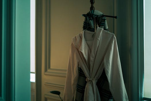 Elegant white bathrobe hanging on a door hook with soft lighting creating a serene atmosphere.