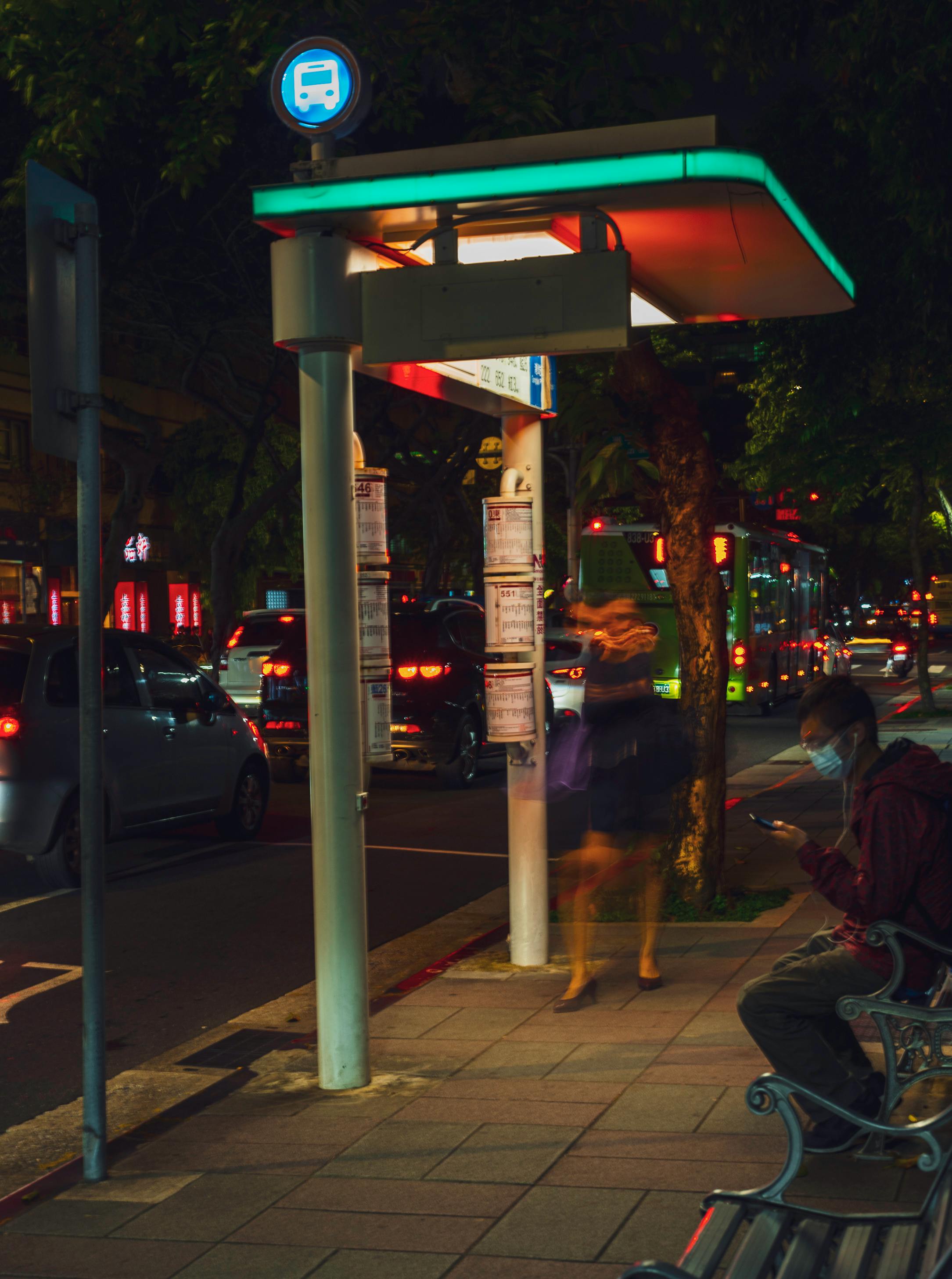 Free stock photo of bus stop, night lights