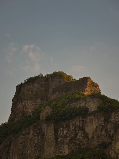 A Brown Cliff with Green Trees Under Blue Sky