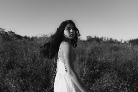 Monochrome image of a woman in a field, evoking a moody and cinematic feel.