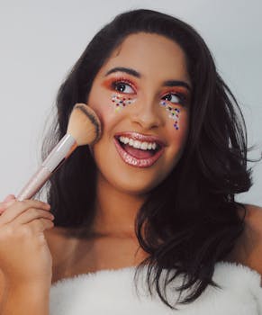 A smiling woman with glitter makeup using a makeup brush indoors.