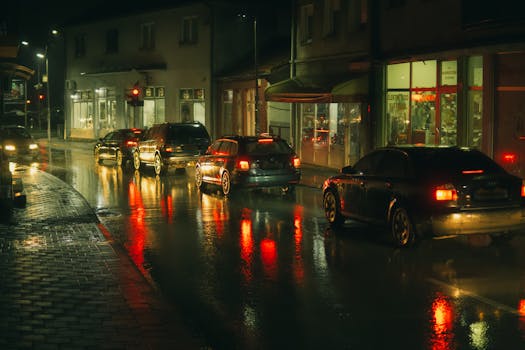 Cars lined up on a wet street at night, reflecting city lights and brake lights.