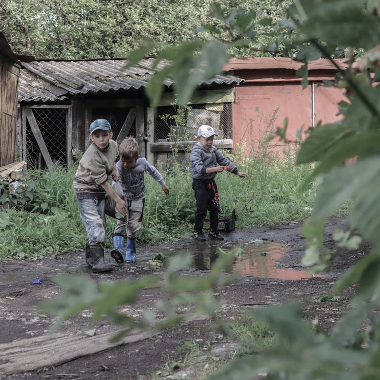 Boys Playing In Puddles In House Yard