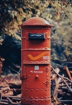 Close-up of a traditional red Indian post mailbox in an outdoor natural setting.