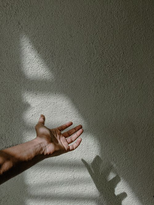 Free A close-up of an open hand casting a shadow on a textured wall. Stock Photo