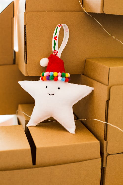 White Star Pillow on Brown Cardboard Boxes