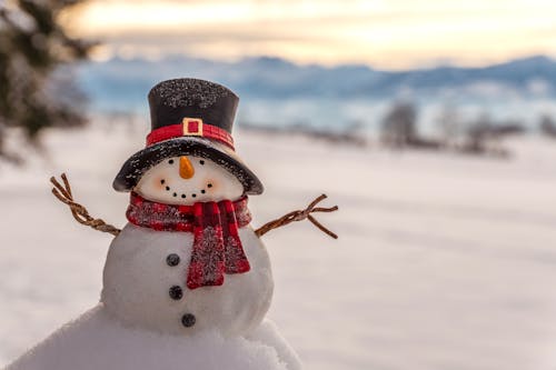 Close-up Shot of Snowman With Red and Black Hat