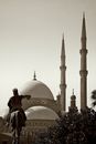 A Statue of a Man Riding a Horse with the Alabaster Mosque in Background