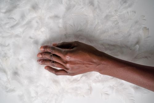 Free A hand gently touching a surface covered with soft white feathers, creating a serene and tactile feel. Stock Photo