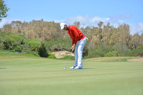 Free Man in Red Long Sleeves and White Pants Playing Golf Stock Photo