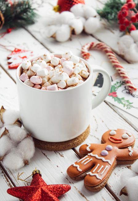 Warm Christmas setting with hot cocoa, gingerbread, and festive decorations.