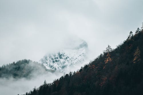 Snow Covered Mountain Beside a Green Mountain