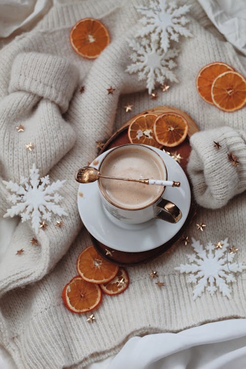 Free Coffee and Christmas Ornaments Stock Photo