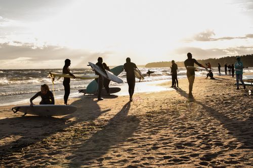 Free Silhouetted surfers enjoy a vibrant sunset on a Saint Petersburg beach. Stock Photo