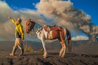 晴朗的天空下，一名骑马的男子指着烟雾缭绕的火山喷发
